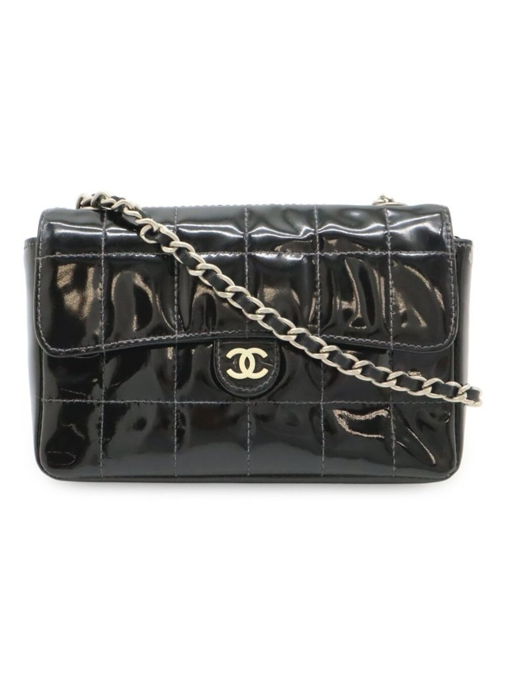 Chanel 2.55 Choco Bar Chain Shoulder Bag 2-Way Waist Pouch Patent Leather Black